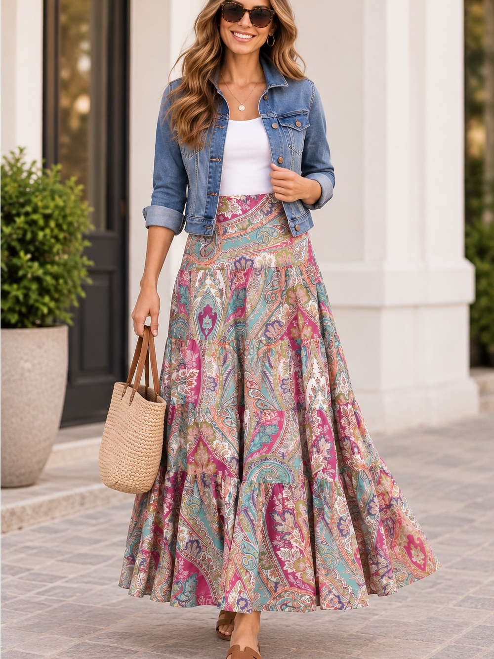Lauren Ralph Lauren Boho Paisley Cotton Tiered Maxi Skirt Size Medium Pink Green